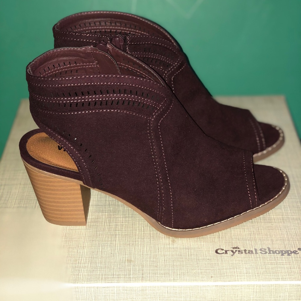 Open toe burgundy booties
